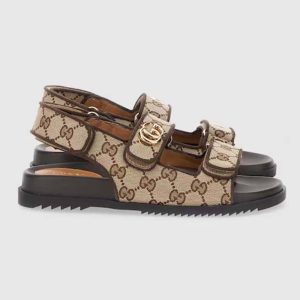Gucci Women’s Double G Sandal Beige Ebony Original GG Canvas Rubber Flat