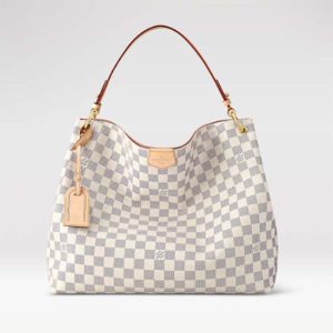 Louis Vuitton LV Unisex Graceful MM Hobo Rose Ballerine Pink Damier Azur Coated Canvas N42233