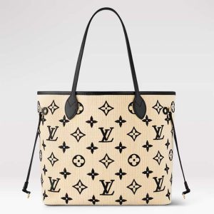 Louis Vuitton LV Unisex Neverfull MM Black Lotus Cotton Cowhide Leather M22838