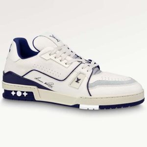 Louis Vuitton Unisex LV Trainer Sneaker Blue Grained Calf Leather Rubber Initials