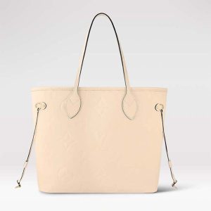 Louis Vuitton Women LV Neverfull MM Carryall Tote Crème Beige Embossed Grained Cowhide M46676