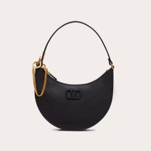 Valentino Women Mini Vlogo Signature Grainy Calfskin Hobo Bag-Black
