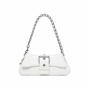 Balenciaga Women Lindsay Small Shoulder Bag with Strap Crocodile Embossed-White