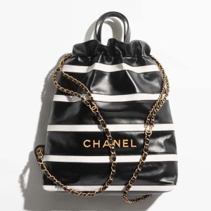 Chanel Women CC 22 Backpack Shiny Calfskin Gold-Tone Metal Black White