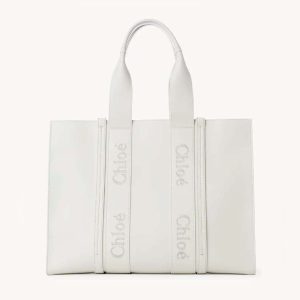 Chloe Women Large Woody Tote Bag with Embroidered Chloé Logo-White