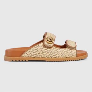 Gucci GG Unisex Sandal Double G Natural Raffia Effect Viscose Rubber Flat
