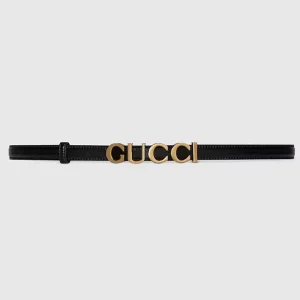Gucci Unisex Buckle Thin Belt Black Leather Gold-Toned Hardware 1.5 CM Width