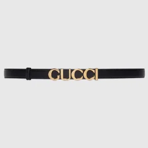 Gucci Unisex Buckle Thin Belt Black Leather Gold-Toned Hardware 2 CM Width