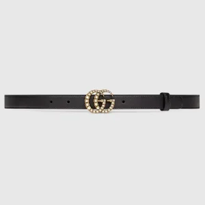 Gucci Unisex GG Leather Belt Pearl Double G Buckle Black 2 CM Width
