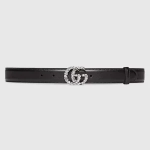 Gucci Unisex GG Marmont Thin Belt Crystals Black Leather Double G Buckle 3 CM Width