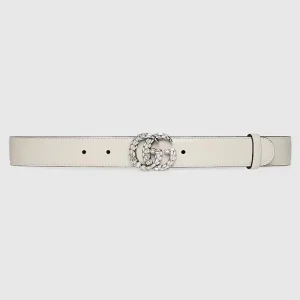 Gucci Unisex GG Marmont Thin Belt Crystals White Leather Double G Buckle 3 CM Width