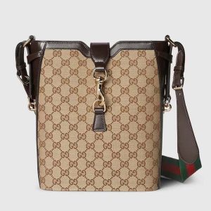 Gucci Women Medium Bucket Shoulder Bag Beige Ebony Original GG Canvas