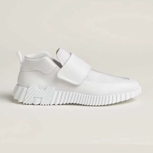 Hermes Men H Sneaker in Stretch Canvas and Calfskin-White