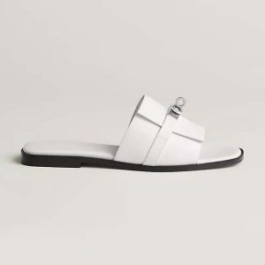 Hermes Women Giulia Sandal in Calfskin with Iconic Palladium-Plated Kelly Buckle-White