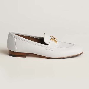 Hermes Women Paris Loafer in Calfskin with Palladium Plated Signature “H” Detail-White