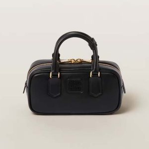 Miu Miu Women Arcadie Leather Bag with Metal Lettering Logo-Black