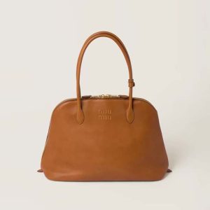 Miu Miu Women Leather Bag with Embossed Lettering Logo-Brown
