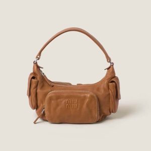 Miu Miu Women Pocket Nappa Leather Bag with Embossed Lettering Logo-Brown