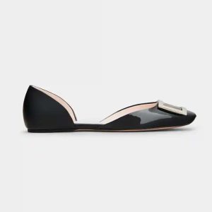 Roger Vivier Women Trompette Dorsay Metal Buckle Ballerinas in Patent Leather-Black