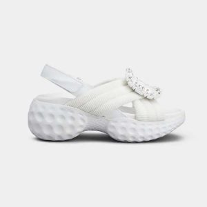 Roger Vivier Women Viv’ Run Light Strass Buckle Sandals in Fabric-White