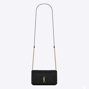 Saint Laurent YSL Women Cassandre Phone Holder with Strap in Shiny Crocodile-Embossed Leather-Black