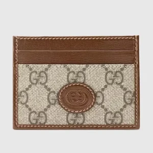 Gucci Unisex Card Case Interlocking G Beige Ebony GG Supreme Fabric Brown Leather