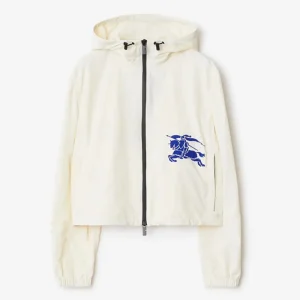Burberry Men Cropped Nylon Hooded Jacket White with Equestrian Knight Design