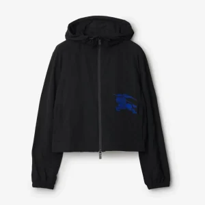 Burberry Women Cropped Nylon Hooded Jacket Black with Equestrian Knight Design
