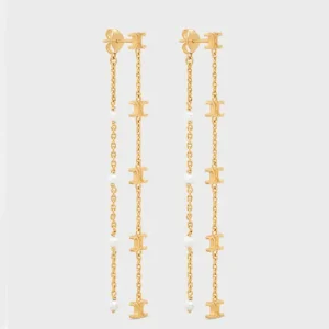 Celine Women Triomphe Long Pearl Earrings in Brass