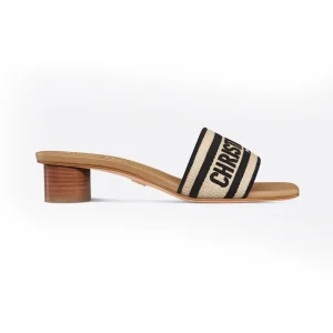 Dior Women Dway Heeled Slide Natural Raffia and Black Embroidered Cotton