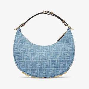 Fendi Women Fendigraphy Small Light Blue FF Denim Fabric Bag