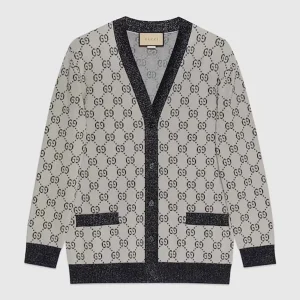 Gucci Men GG Cotton Jacquard Cardigan V-Neck Two Front Pockets