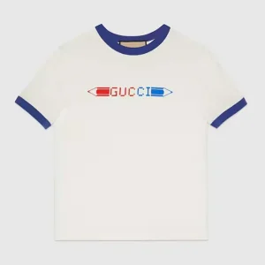 Gucci Men GG Cotton Jersey Printed T-Shirt White Blue Crewneck Short Sleeves