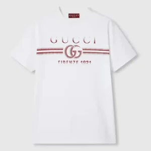 Gucci Women GG Cotton Jersey T-Shirt Gucci Print Red White Crewneck Short Sleeves