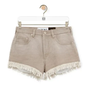 Loewe Women Beige Shorts in Denim with Raw Edge Hem