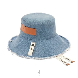 Loewe Women Frayed Fisherman Hat in Denim and Calfskin Blue