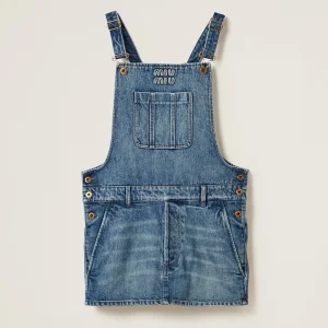 Miu Miu Women Denim Bib Mini-dress with Embroidered Logo