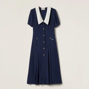 Miu Miu Women Pleated Marocain Midi-dress with Contrasting Collar