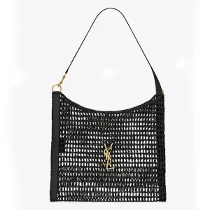 Saint Laurent YSL Women Oxalis in Raffia Crochet and Leather-Black