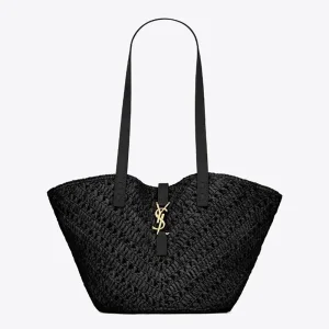 Saint Laurent YSL Women Panier Small in Raffia and Vegetable-tanned Leather-Black