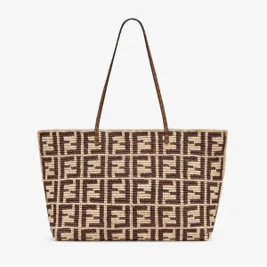 Fendi Women Large Roll Brown FF Raffia Crochet Shopper
