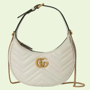 Gucci Women GG Marmont Half-Moon-Shaped Mini Bag White Matelassé Chevron