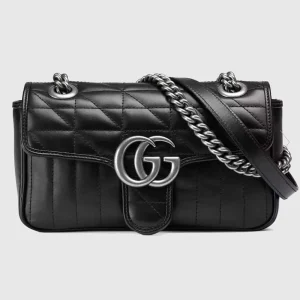 Gucci Women GG Marmont Mini Shoulder Bag Black Double G Matelassé Leather