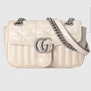 Gucci Women GG Marmont Mini Shoulder Bag White Double G Matelassé Leather
