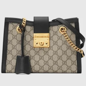 Gucci Women Padlock GG Small Shoulder Bag Black Beige Ebony Supreme Canvas