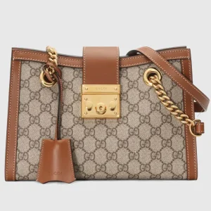 Gucci Women Padlock GG Small Shoulder Bag Brown Beige Ebony Supreme Canvas