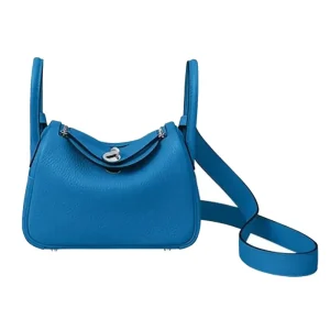 Hermes Women Lindy Mini 19 in Clemence Leather-BlueSilver