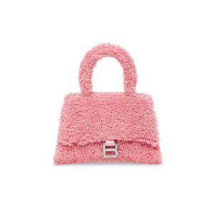 Balenciaga Women Furry Hourglass Small Handbag with Strap in Pink