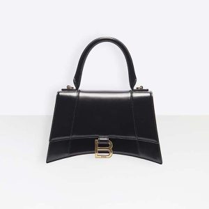 Balenciaga Women Hourglass Small Top Handle Bag in Black Shiny Box Calfskin