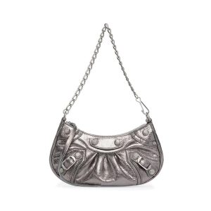 Balenciaga Women Le Cagole Mini Purse with Chain Metallized-Silver